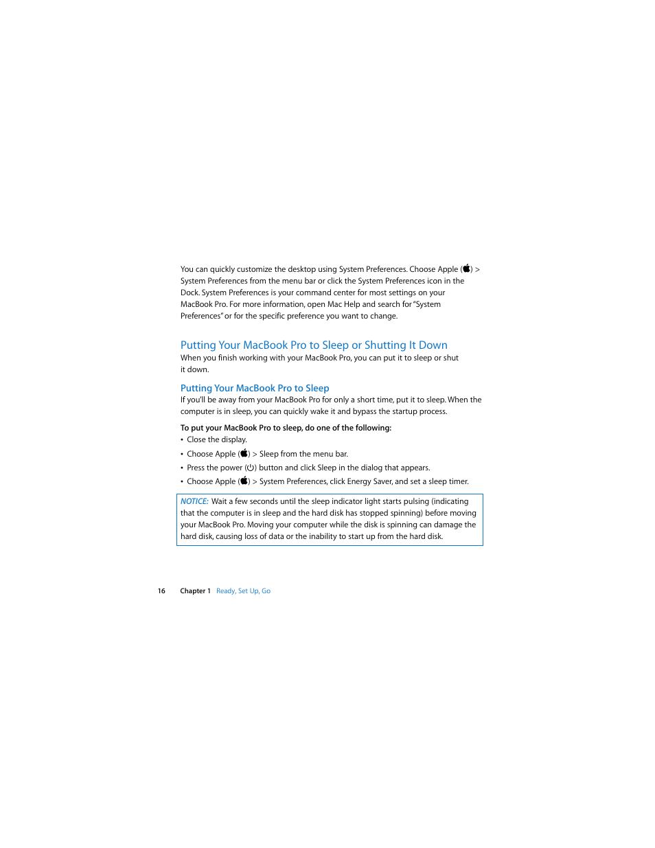 Putting your macbookpro to sleep | Apple MacBook Pro (15-inch, 2.53 GHz, Mid 2009) User Manual | Page 16 / 88