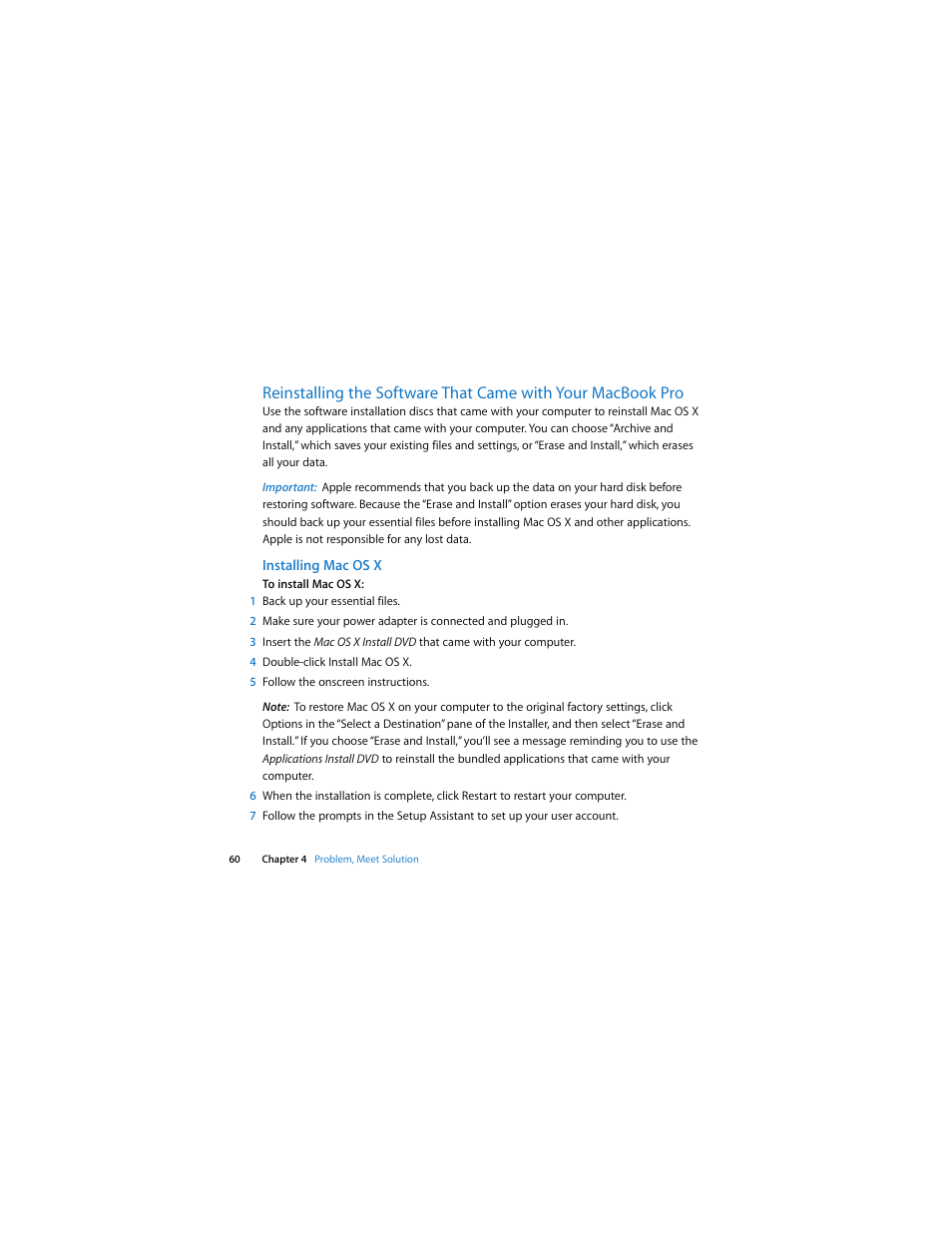 Installing macosx, See “reinstalling | Apple MacBook Pro (15-inch, 2.53 GHz, Mid 2009) User Manual | Page 60 / 88