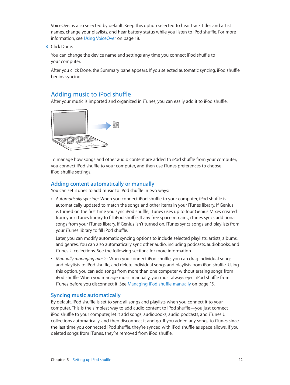 Adding music to ipod shuffle, Adding content automatically or manually, Syncing music automatically | Apple iPod shuffle (4th generation) User Manual | Page 12 / 32