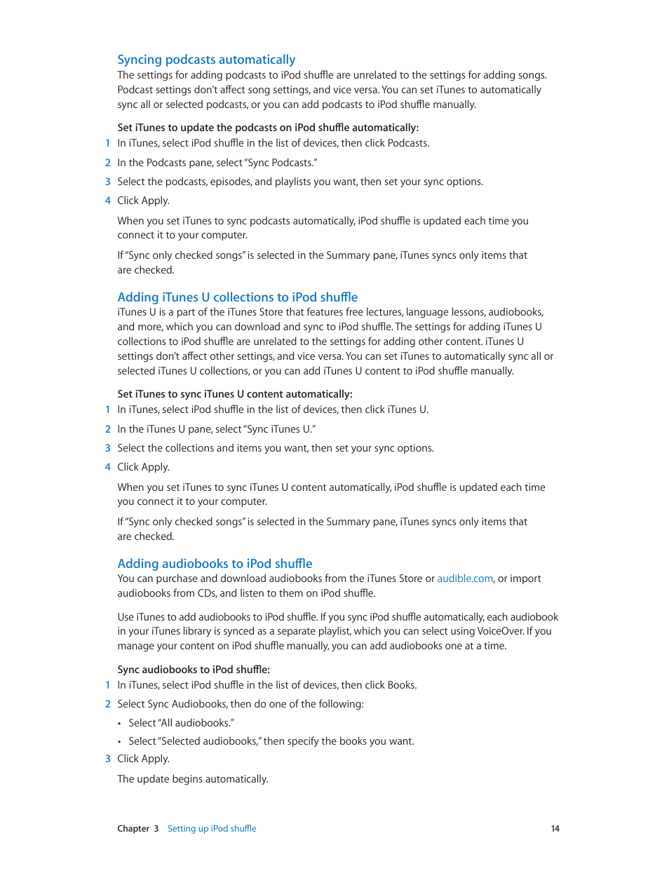 Syncing podcasts automatically, Adding itunes u collections to ipod shuffle, Adding audiobooks to ipod shuffle | Apple iPod shuffle (4th generation) User Manual | Page 14 / 32