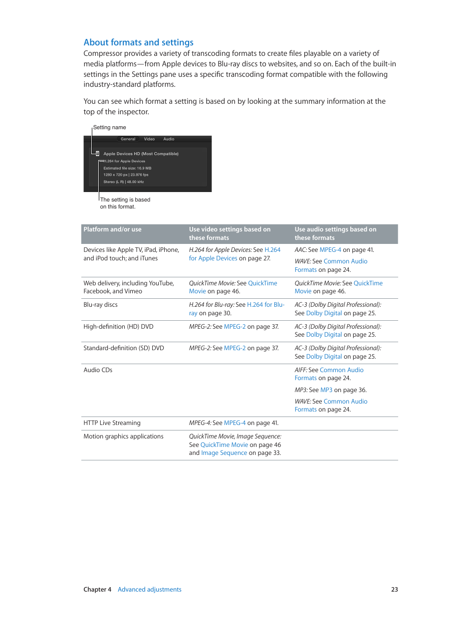 About formats and settings | Apple Compressor (4.1.2) User Manual | Page 23 / 108