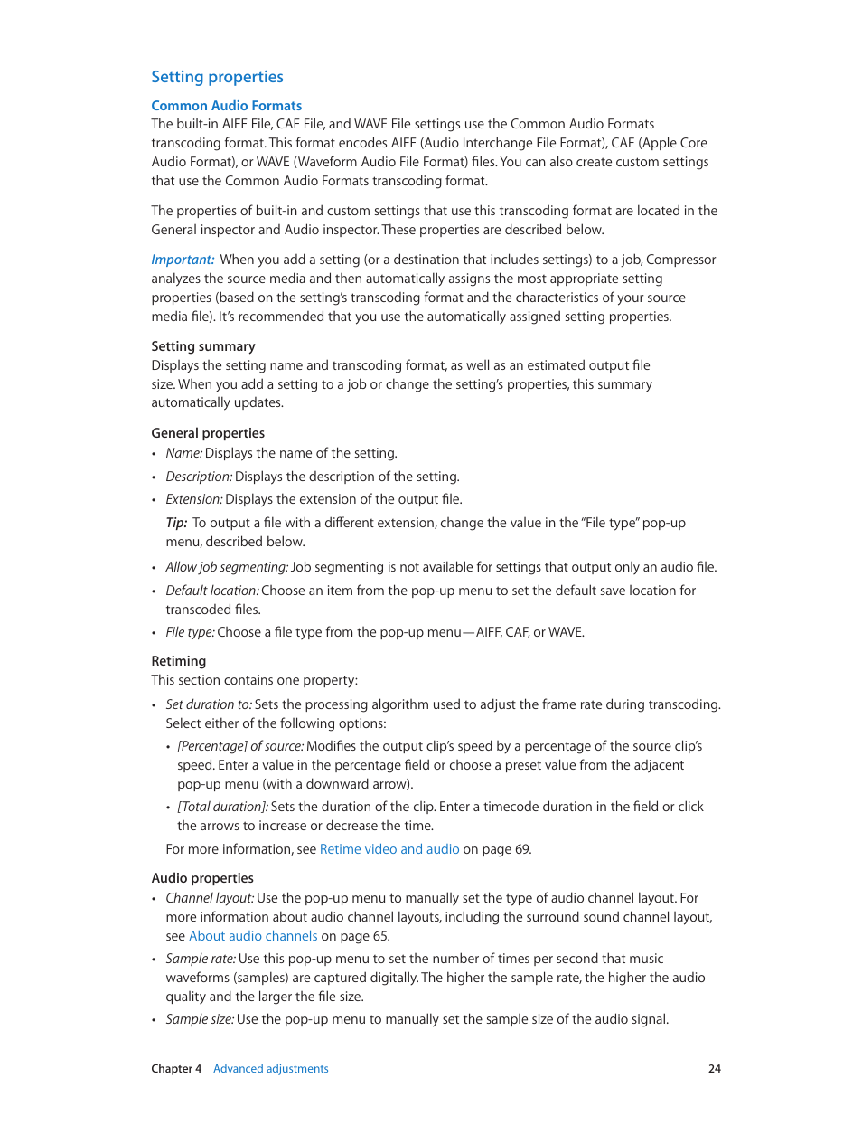 Setting properties, Common audio, Formats | Apple Compressor (4.1.2) User Manual | Page 24 / 108