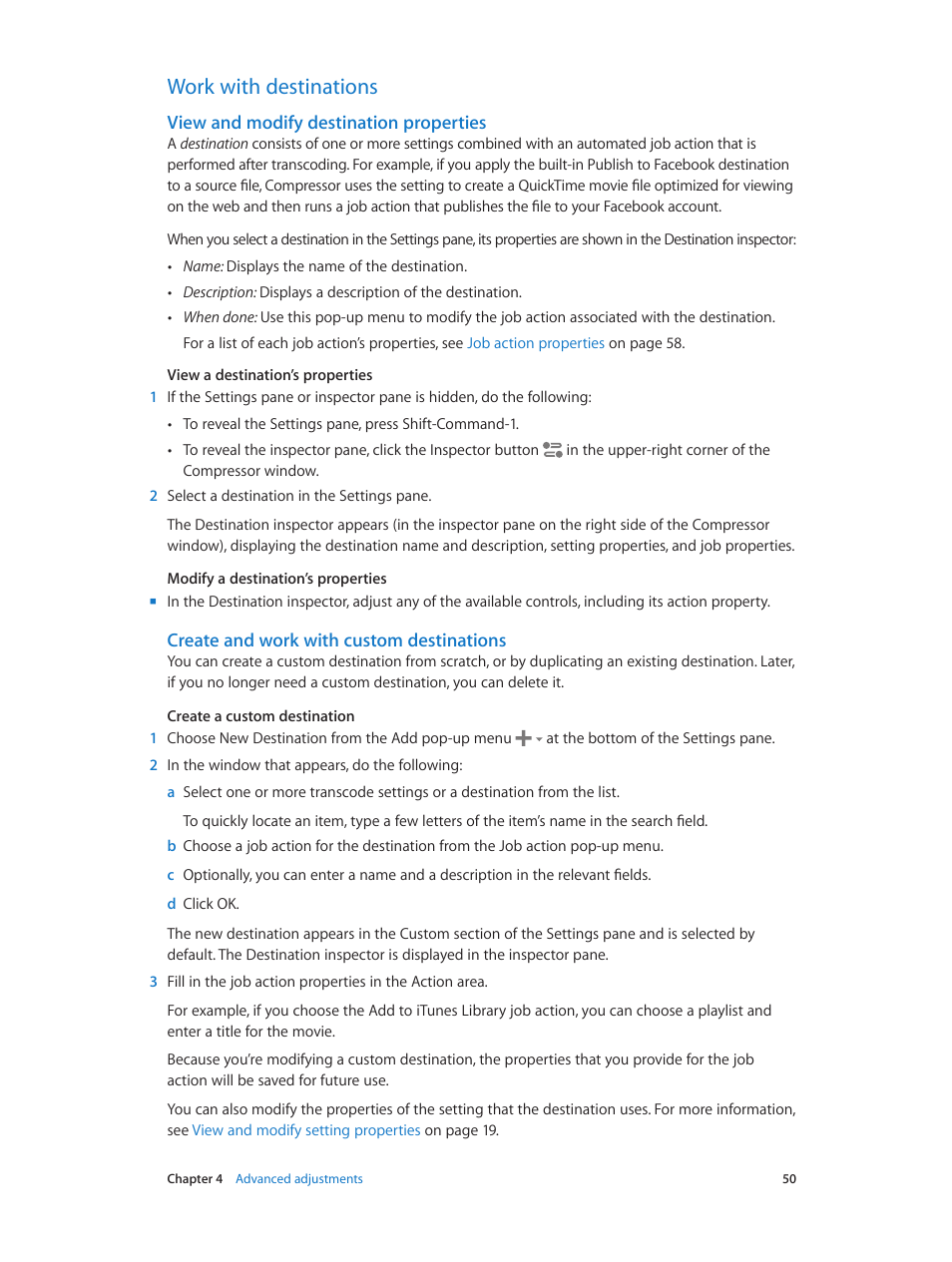 Work with destinations, View and modify destination properties, Create and work with custom destinations | 50 work with destinations 50, Create and work with custom, Destinations | Apple Compressor (4.1.2) User Manual | Page 50 / 108