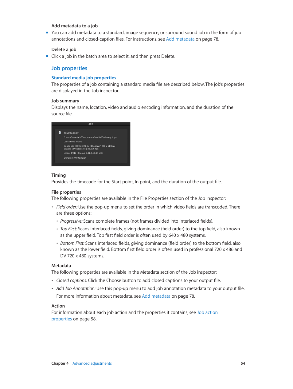 Job properties, Standard media job properties | Apple Compressor (4.1.2) User Manual | Page 54 / 108