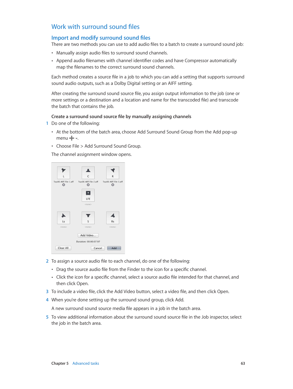 Work with surround sound files, Import and modify surround sound files, 63 work with surround sound files 63 | Import and modify surround, Sound files | Apple Compressor (4.1.2) User Manual | Page 63 / 108