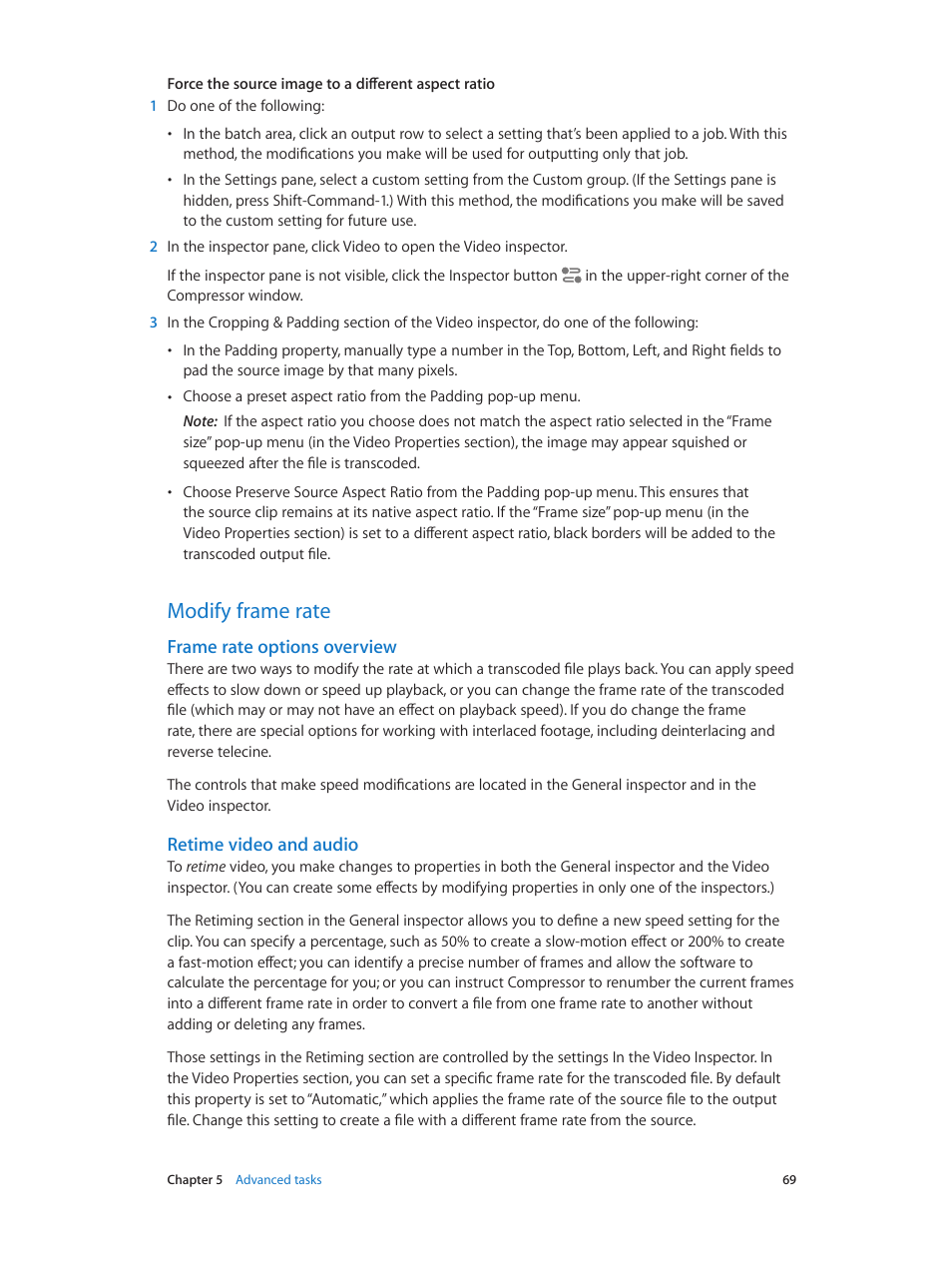 Modify frame rate, Frame rate options overview, Retime video and audio | 69 modify frame rate 69 | Apple Compressor (4.1.2) User Manual | Page 69 / 108