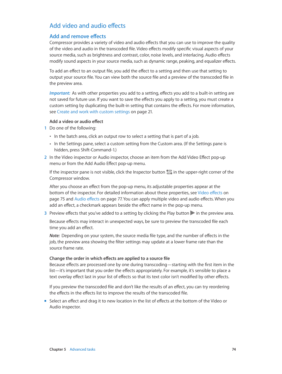 Add video and audio effects, Add and remove effects, 74 add video and audio effects 74 | Apple Compressor (4.1.2) User Manual | Page 74 / 108