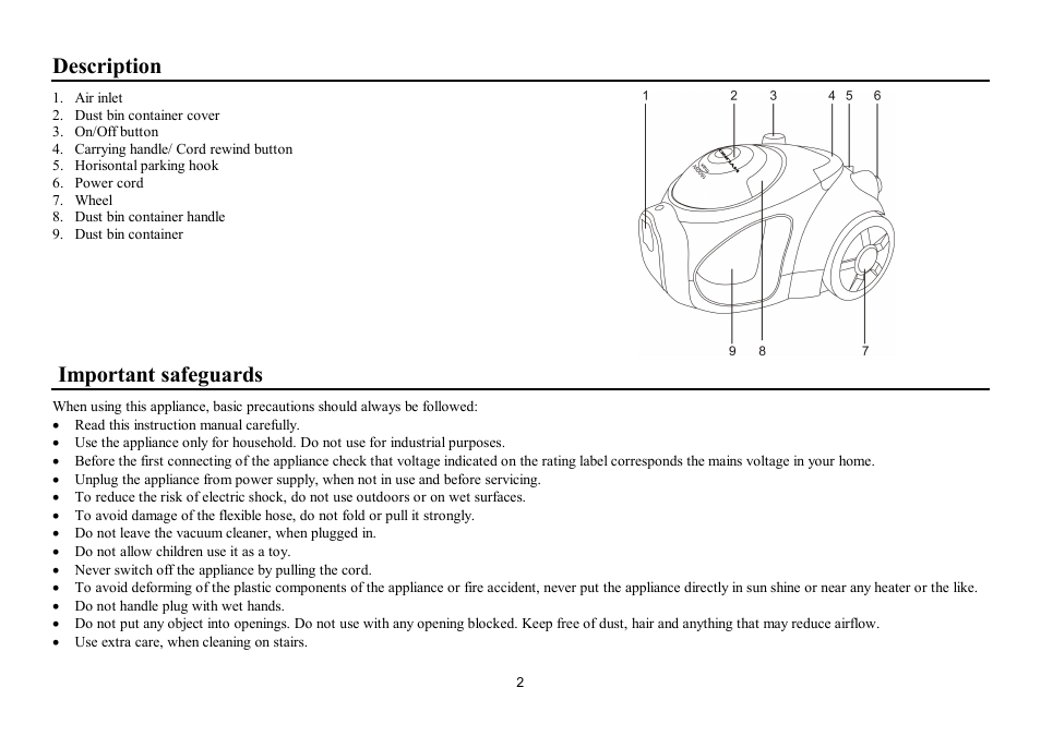 Description, Important safeguards | Hyundai H-VC1586 User Manual | Page 2 / 9