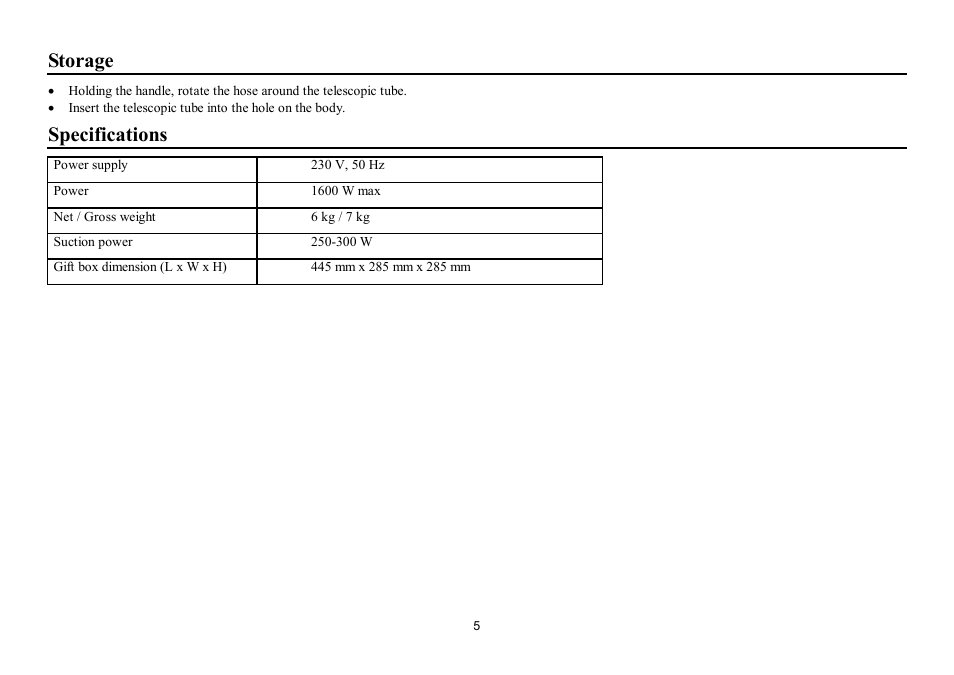 Storage, Specifications | Hyundai H-VC1586 User Manual | Page 5 / 9