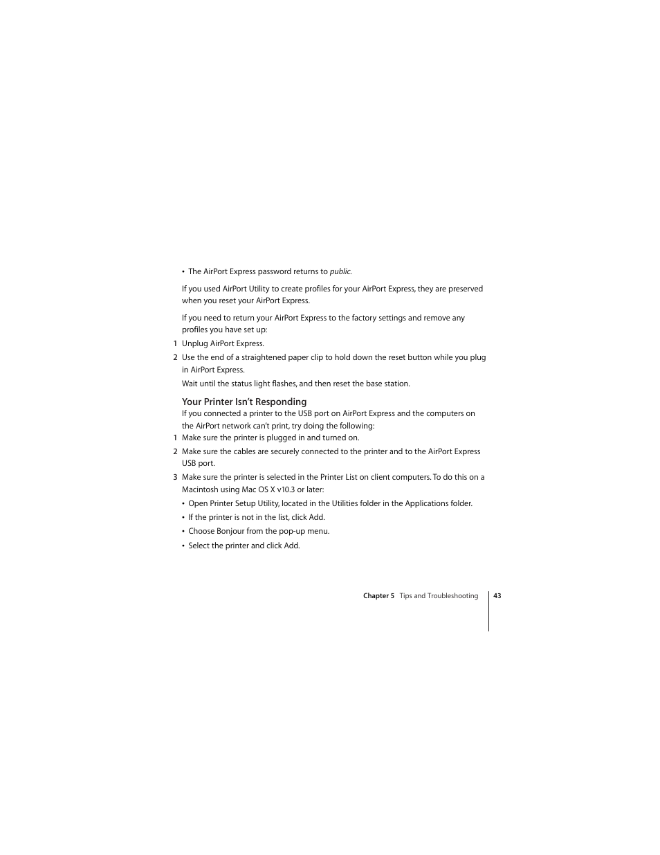 Your printer isn’t responding | Apple AirPort Express 5.1 User Manual | Page 43 / 56