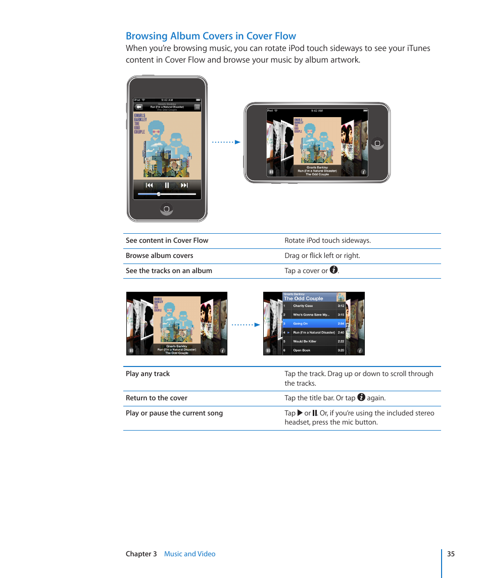 Browsing album covers in cover flow | Apple iPod touch iOS 2.2 User Manual | Page 35 / 122