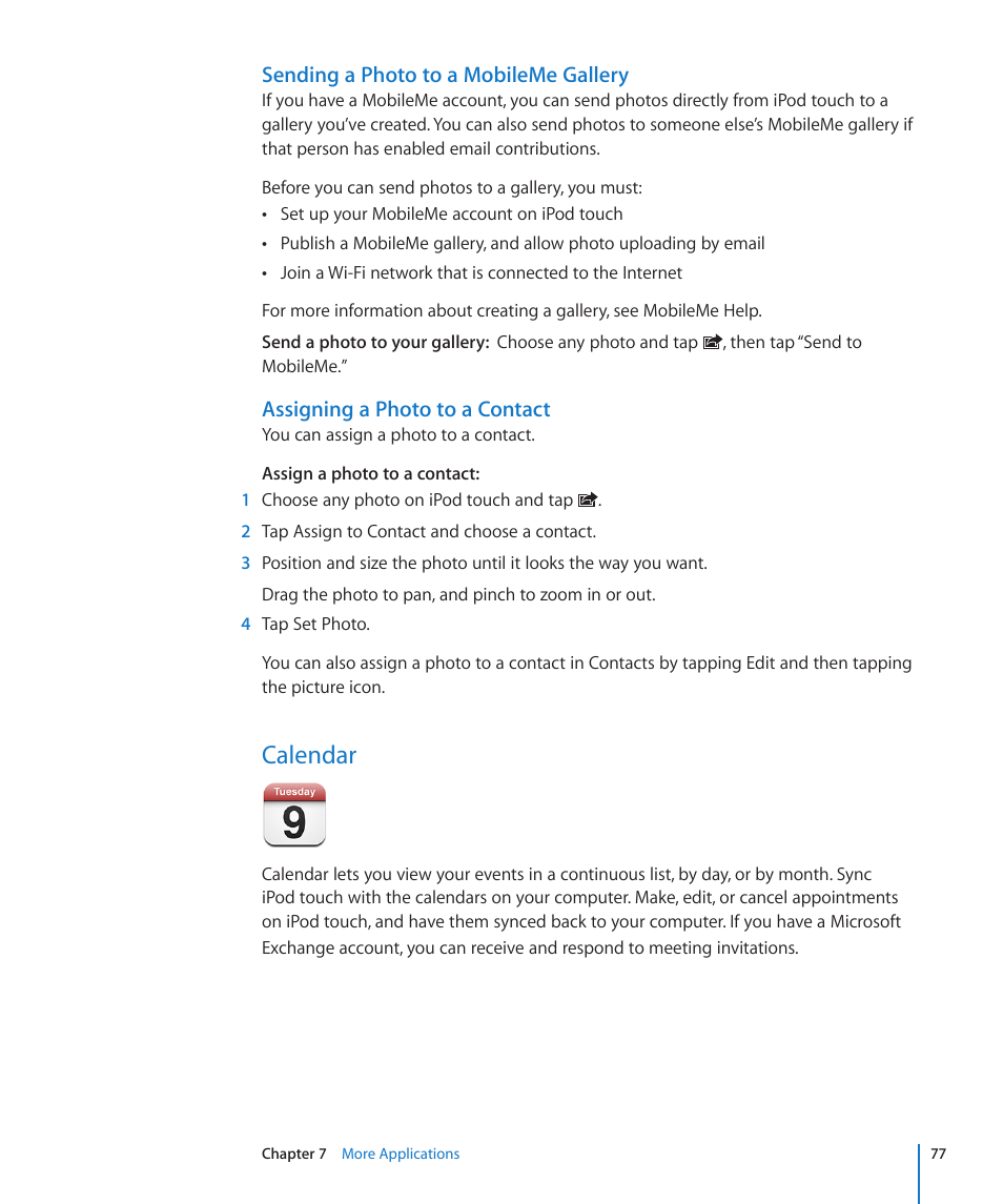 Calendar, 77 calendar, Sending a photo to a mobileme gallery | Assigning a photo to a contact | Apple iPod touch iOS 2.2 User Manual | Page 77 / 122
