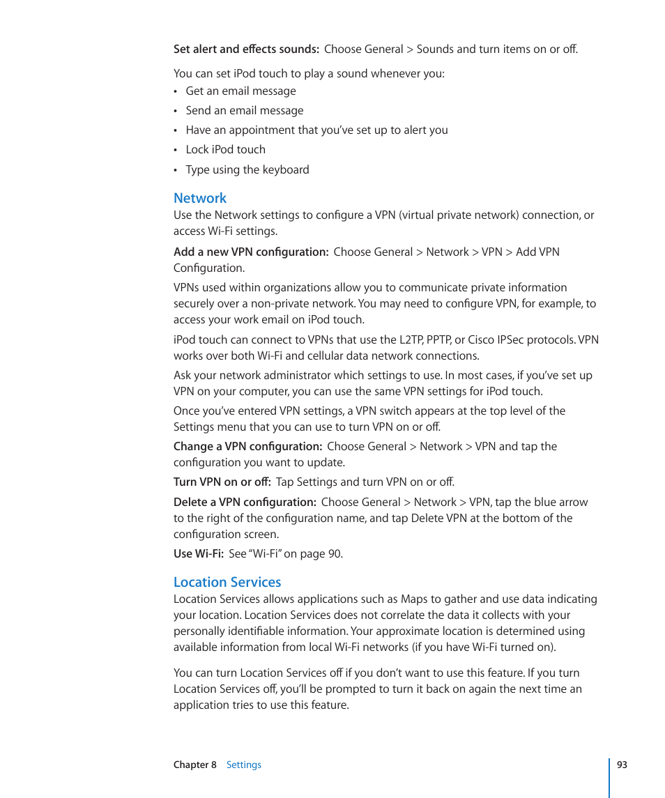 Network, Location services | Apple iPod touch iOS 2.2 User Manual | Page 93 / 122