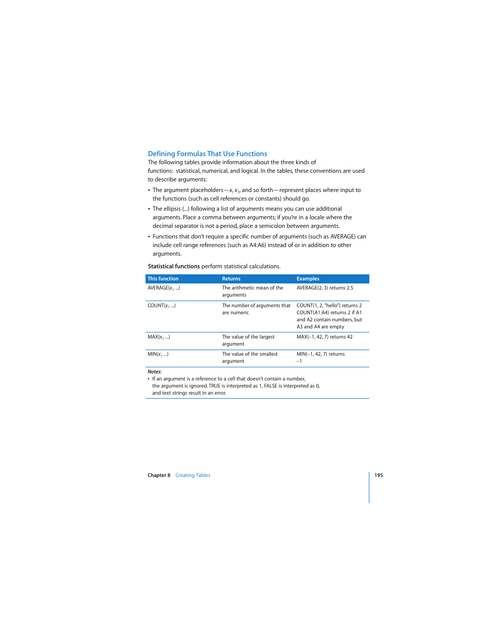 Defining formulas that use functions | Apple Pages 2 User Manual | Page 195 / 250