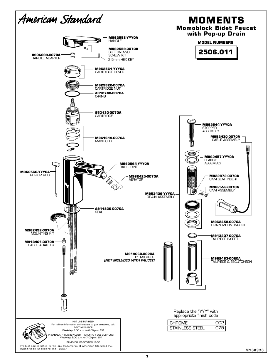 Moments, Momoblock bidet faucet with pop-up drain, Лм^ст shmiard | American Standard 2506.011 User Manual | Page 7 / 7