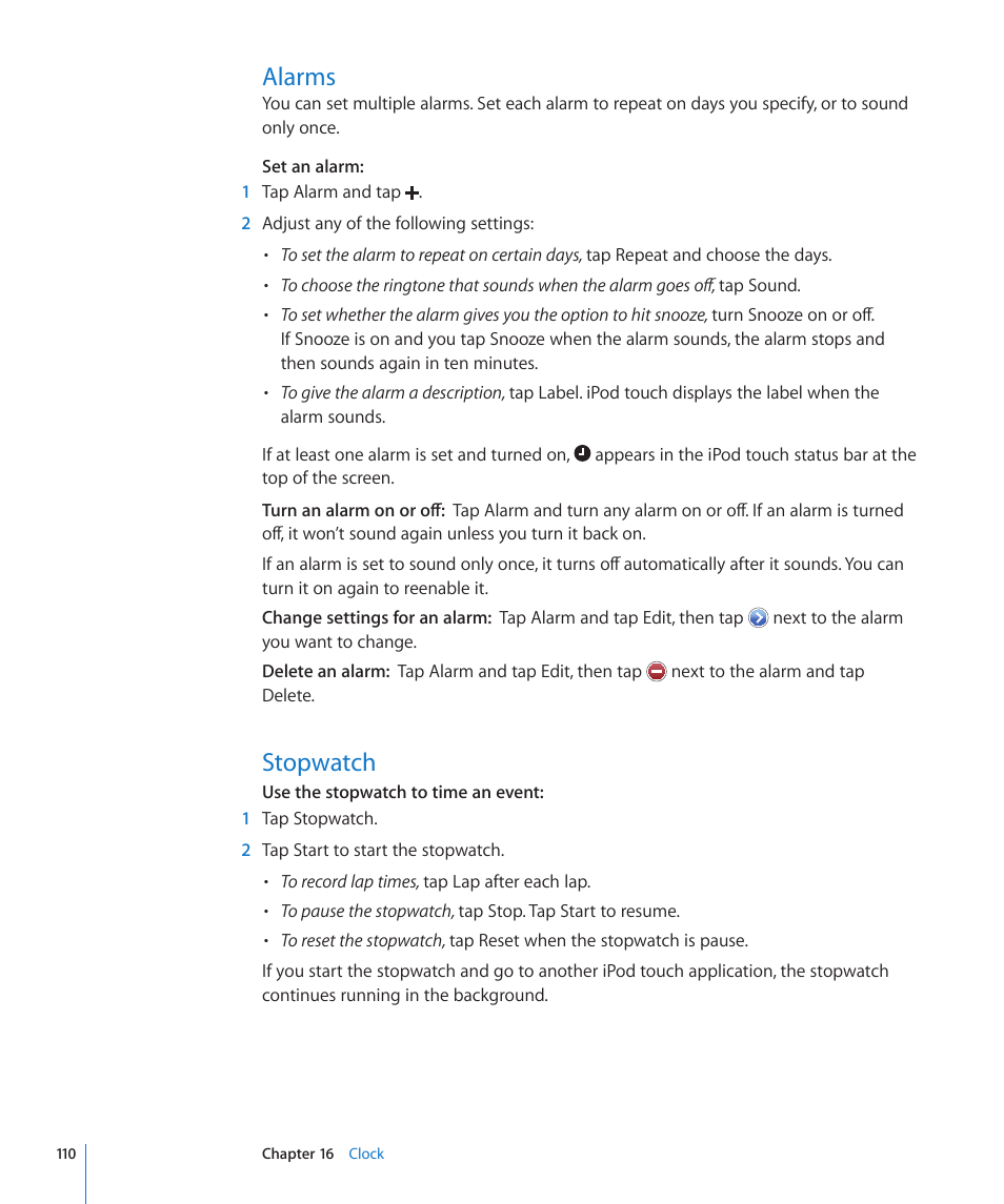 Alarms, Stopwatch, 110 alarms 110 stopwatch | Apple iPod touch iOS 3.1 User Manual | Page 110 / 169