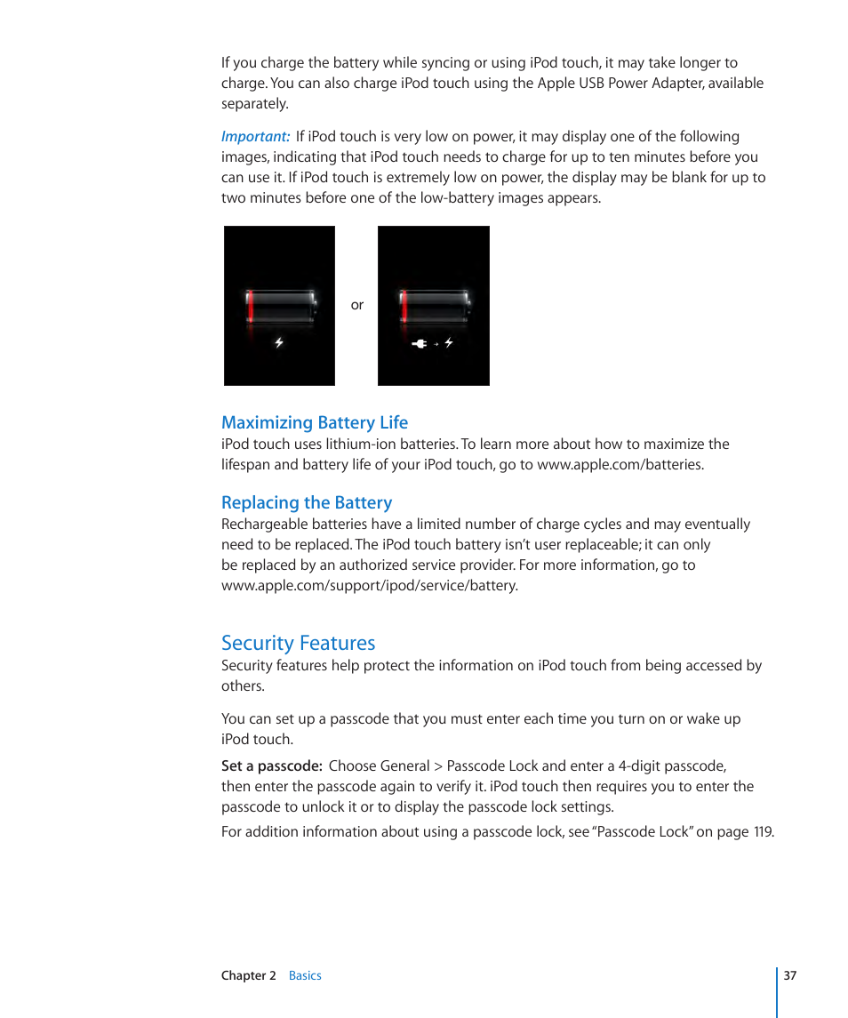 Security features, 37 security features, Maximizing battery life | Replacing the battery | Apple iPod touch iOS 3.1 User Manual | Page 37 / 169