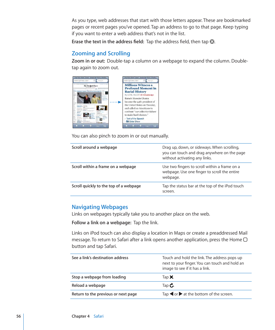 Zooming and scrolling, Navigating webpages | Apple iPod touch iOS 3.1 User Manual | Page 56 / 169