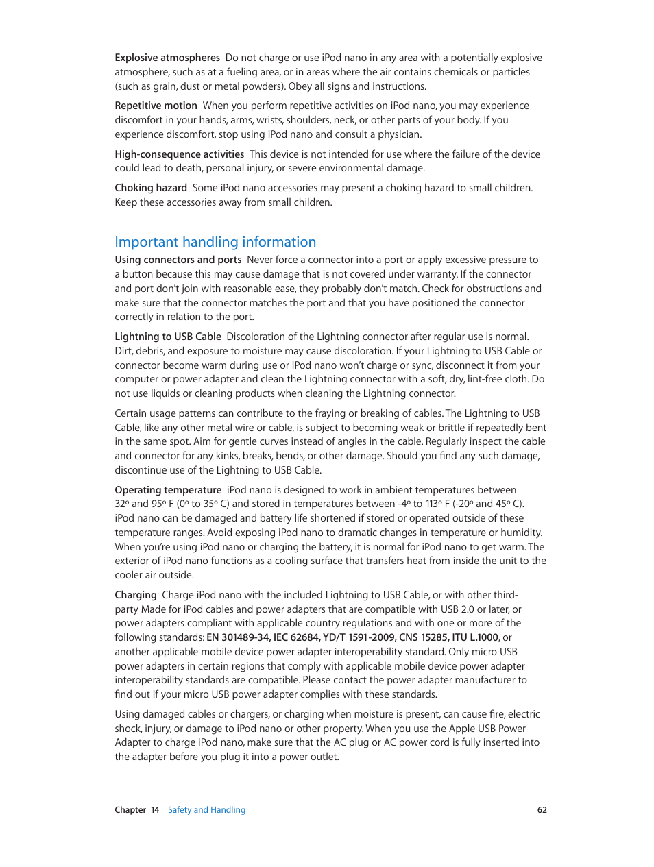 Important handling information, 62 important handling information | Apple iPod nano (7th generation) User Manual | Page 62 / 68