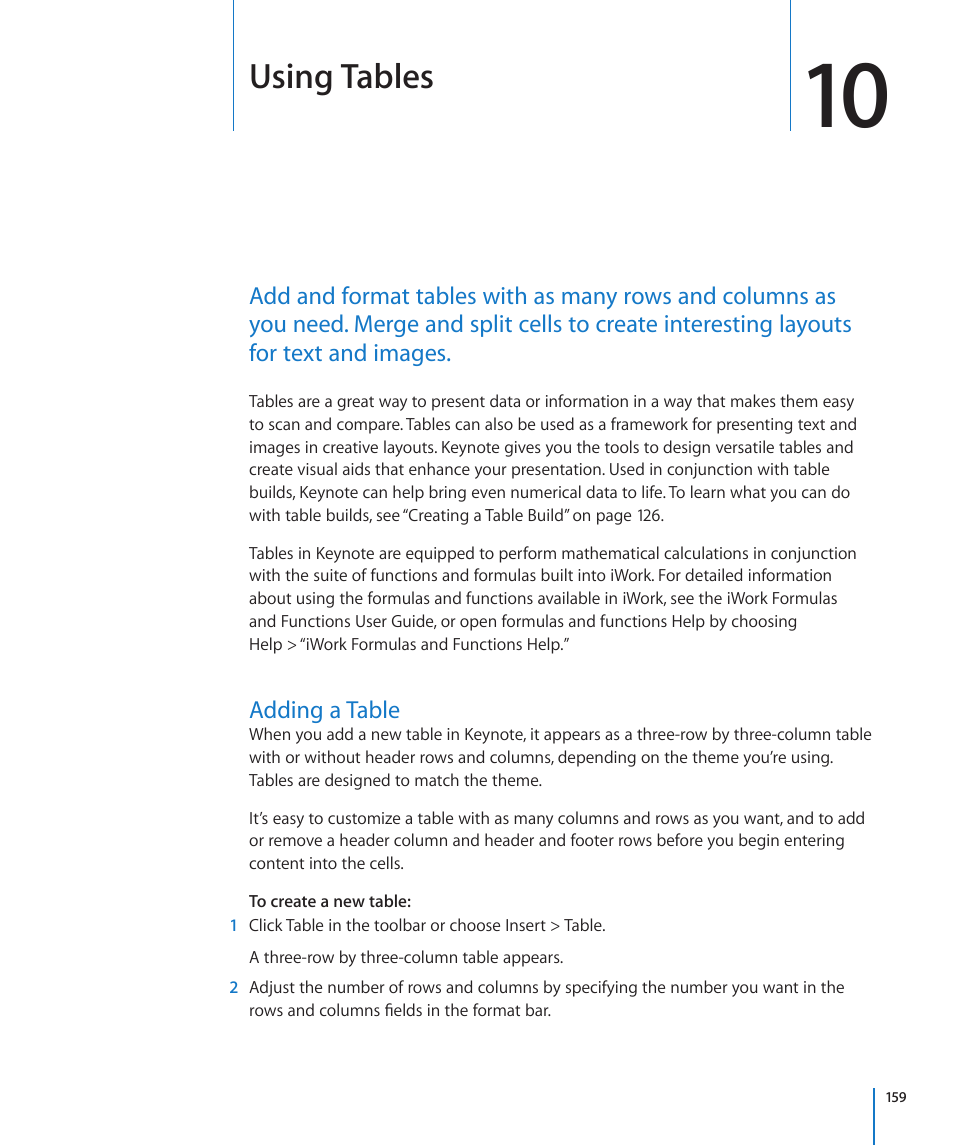 Chapter 10: using tables, Adding a table, Chapter 10: using tables | 159 adding a table, Using tables | Apple Keynote '09 User Manual | Page 159 / 247