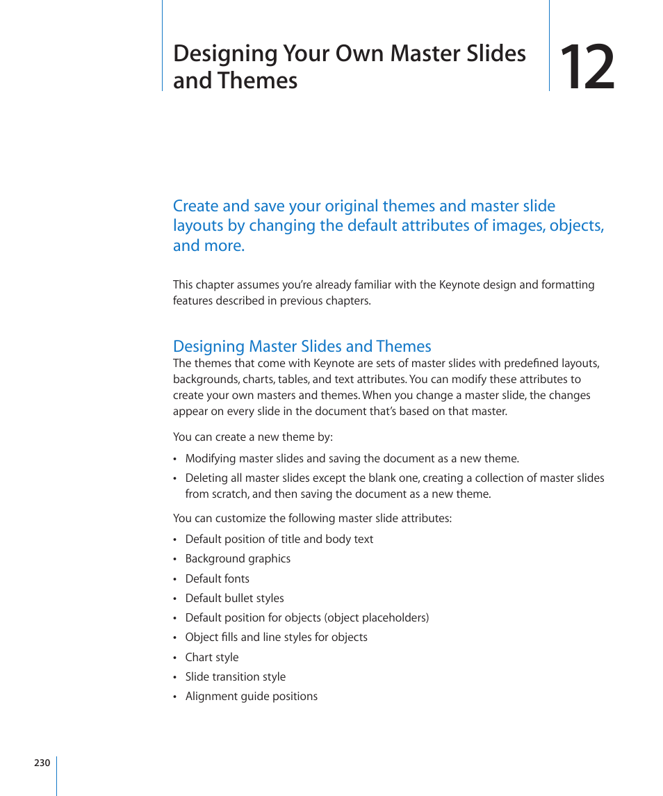 Designing master slides and themes, 230 designing master slides and themes, Designing your own master slides and themes | Apple Keynote '09 User Manual | Page 230 / 247