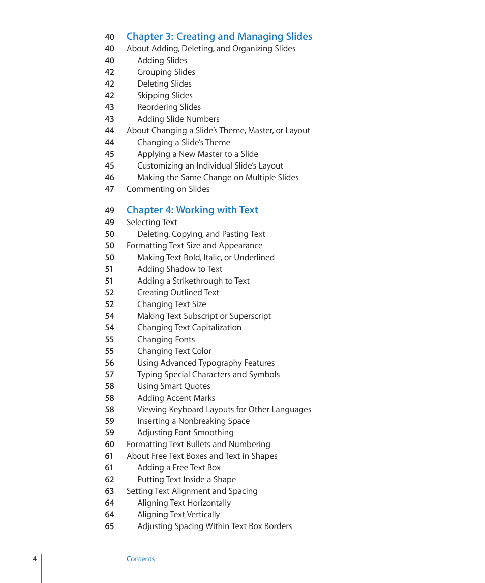 Chapter 3: creating and managing slides, Chapter 4: working with text | Apple Keynote '09 User Manual | Page 4 / 247