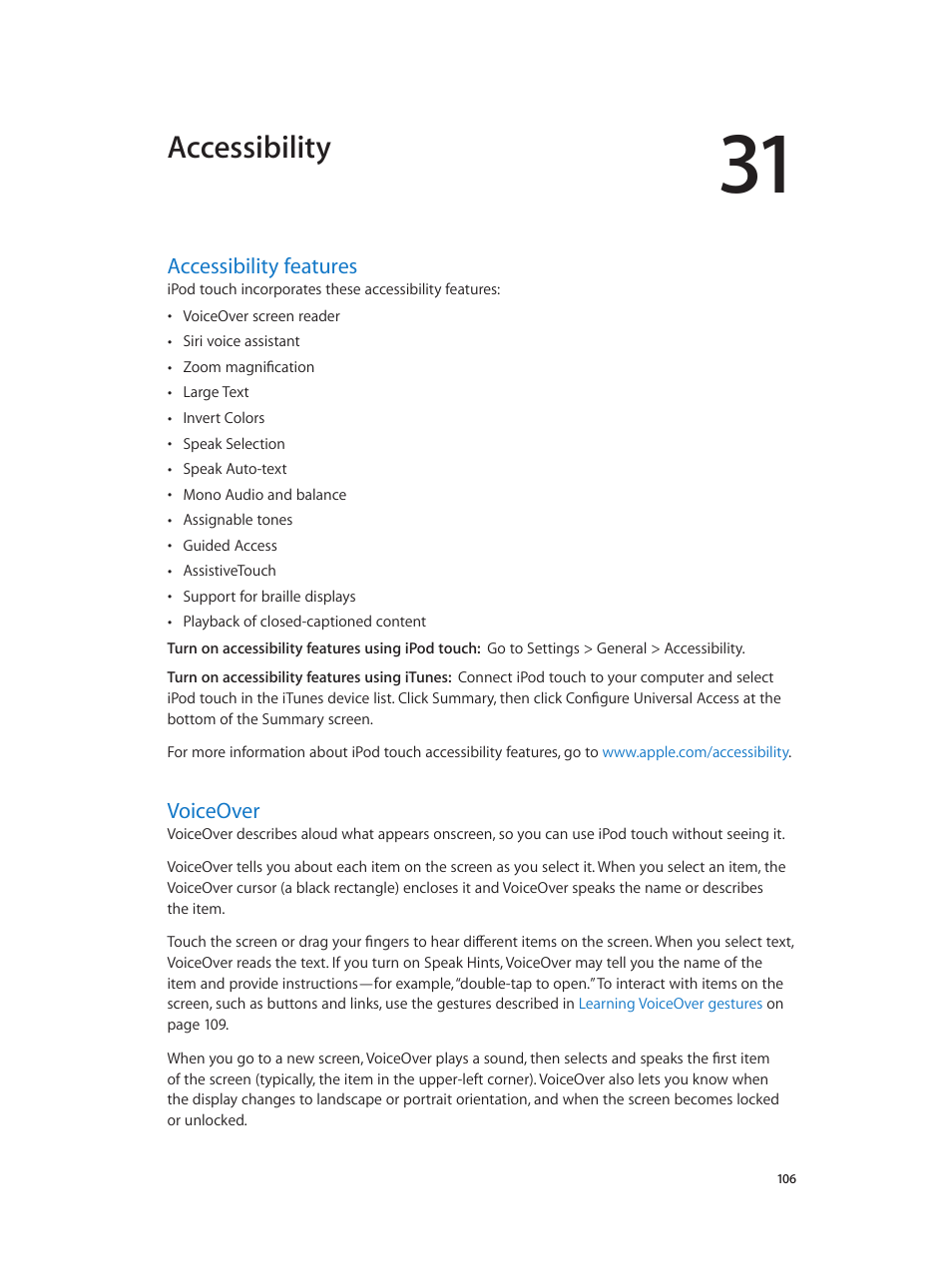 Chapter 31: accessibility, Accessibility features, Voiceover | 106 accessibility features 106 voiceover, Accessibility | Apple iPod touch iOS 6.1 User Manual | Page 106 / 138