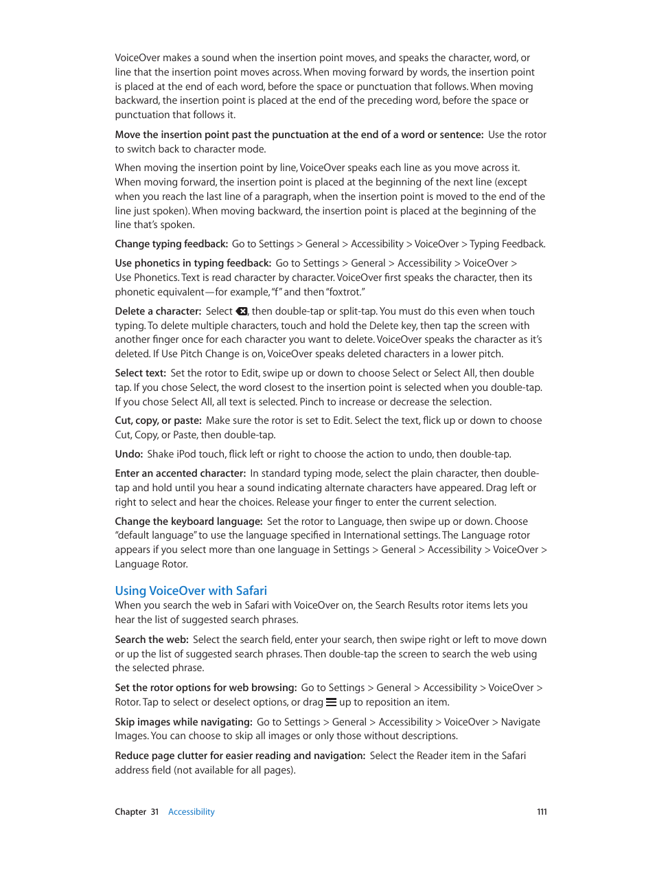 Using voiceover with safari | Apple iPod touch iOS 6.1 User Manual | Page 111 / 138