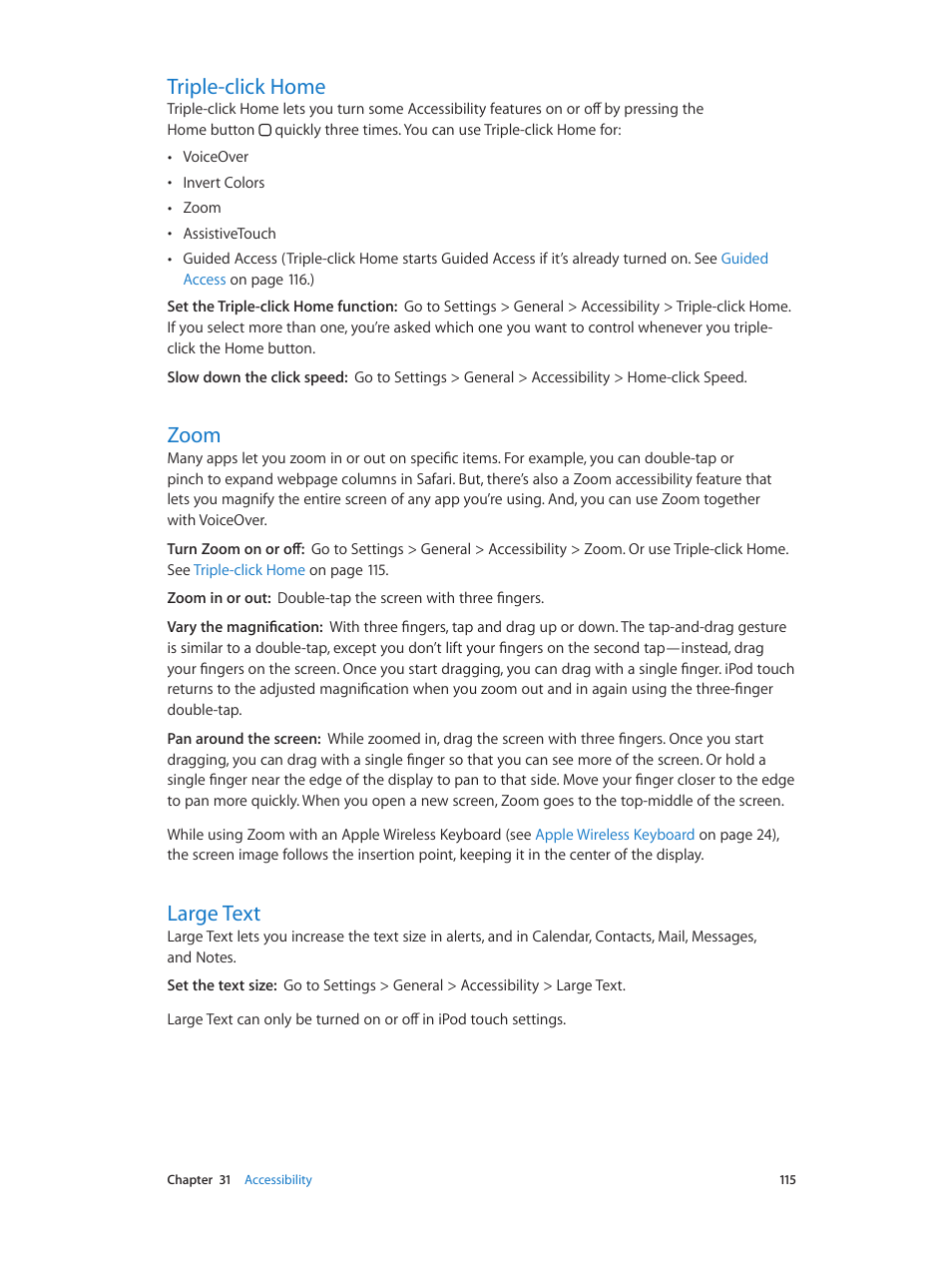 Triple-click home, Zoom, Large text | 115 triple-click home 115 zoom 115 large text | Apple iPod touch iOS 6.1 User Manual | Page 115 / 138