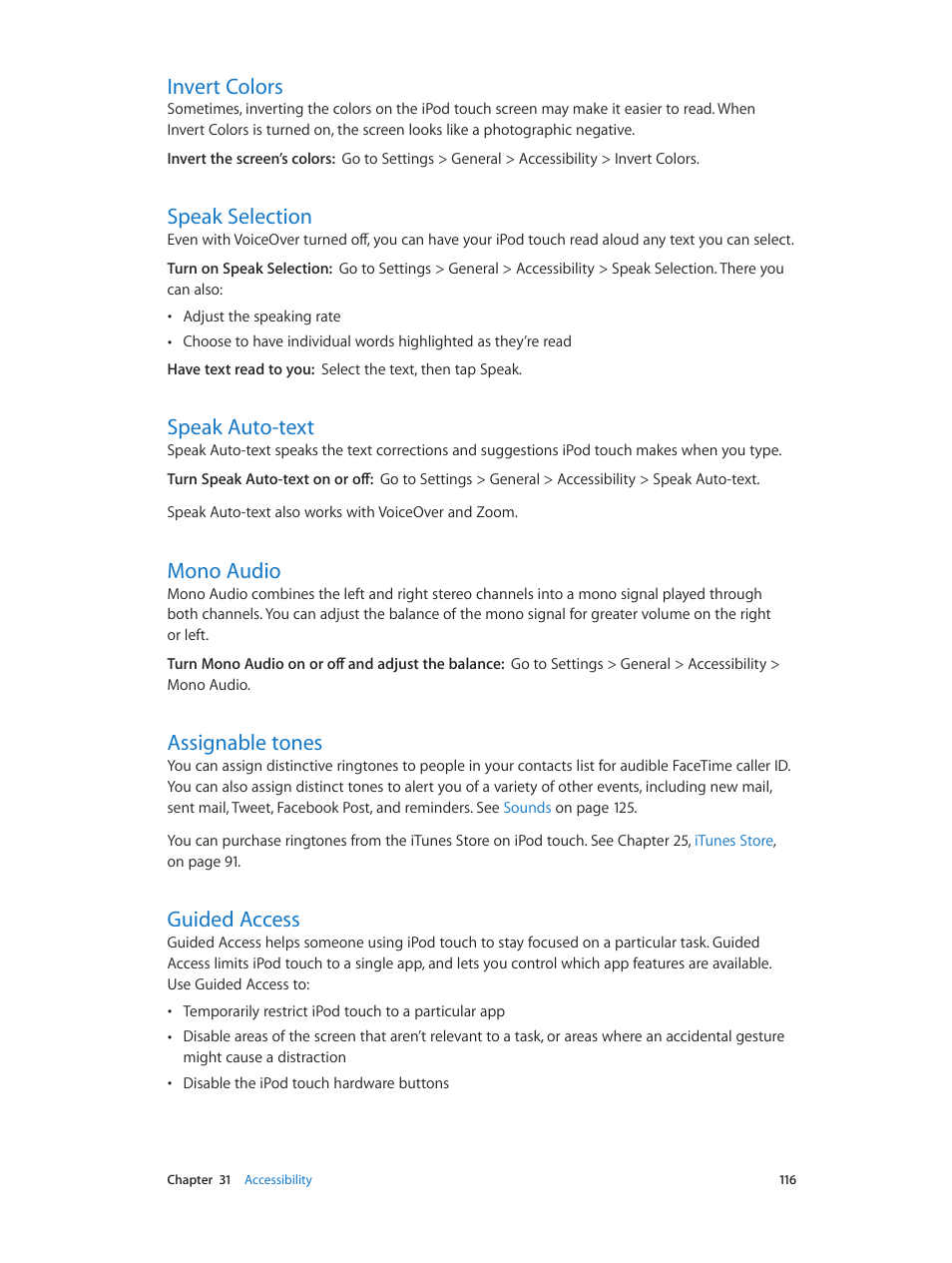 Invert colors, Speak selection, Speak auto-text | Mono audio, Assignable tones, Guided access, Guided, Access | Apple iPod touch iOS 6.1 User Manual | Page 116 / 138