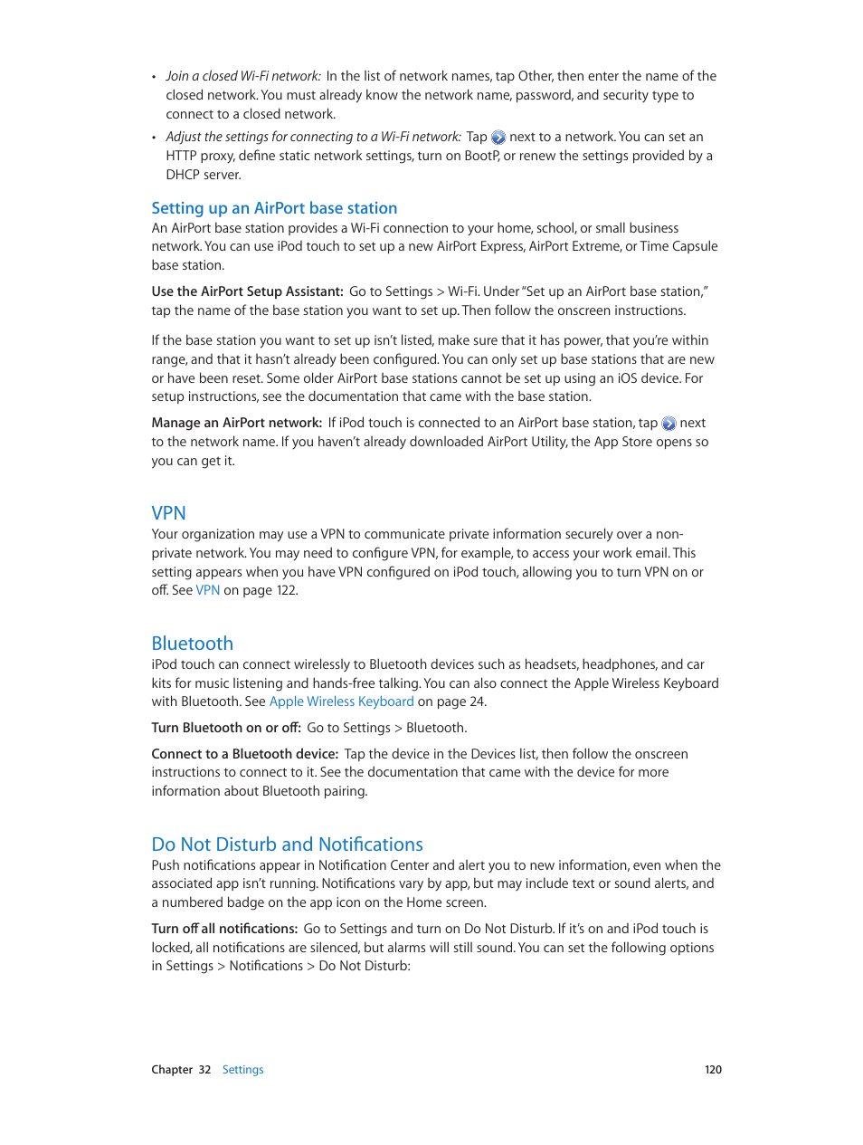 Bluetooth, Do not disturb and notifications, Do not | Disturb and notifications, Do not disturb and, Notifications, Setting up an airport base station | Apple iPod touch iOS 6.1 User Manual | Page 120 / 138