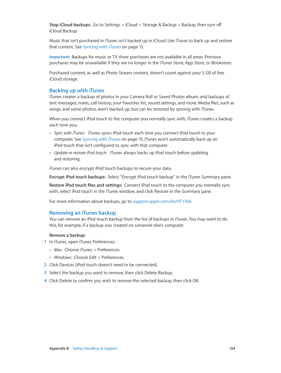 Backing up with itunes, Removing an itunes backup | Apple iPod touch iOS 6.1 User Manual | Page 134 / 138