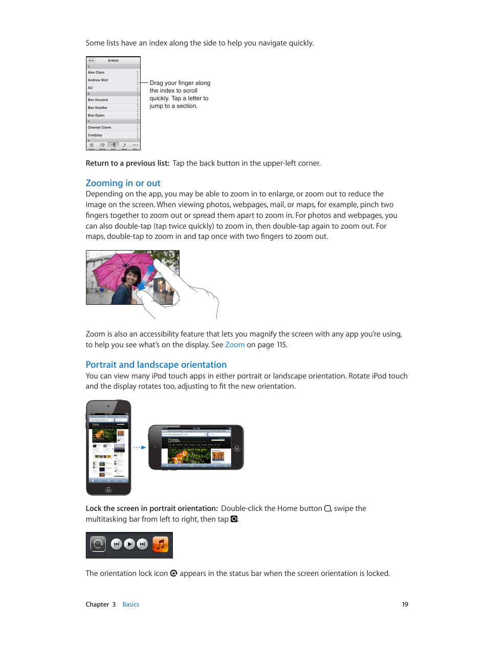 Portrait and landscape orientation, Zooming in or out | Apple iPod touch iOS 6.1 User Manual | Page 19 / 138