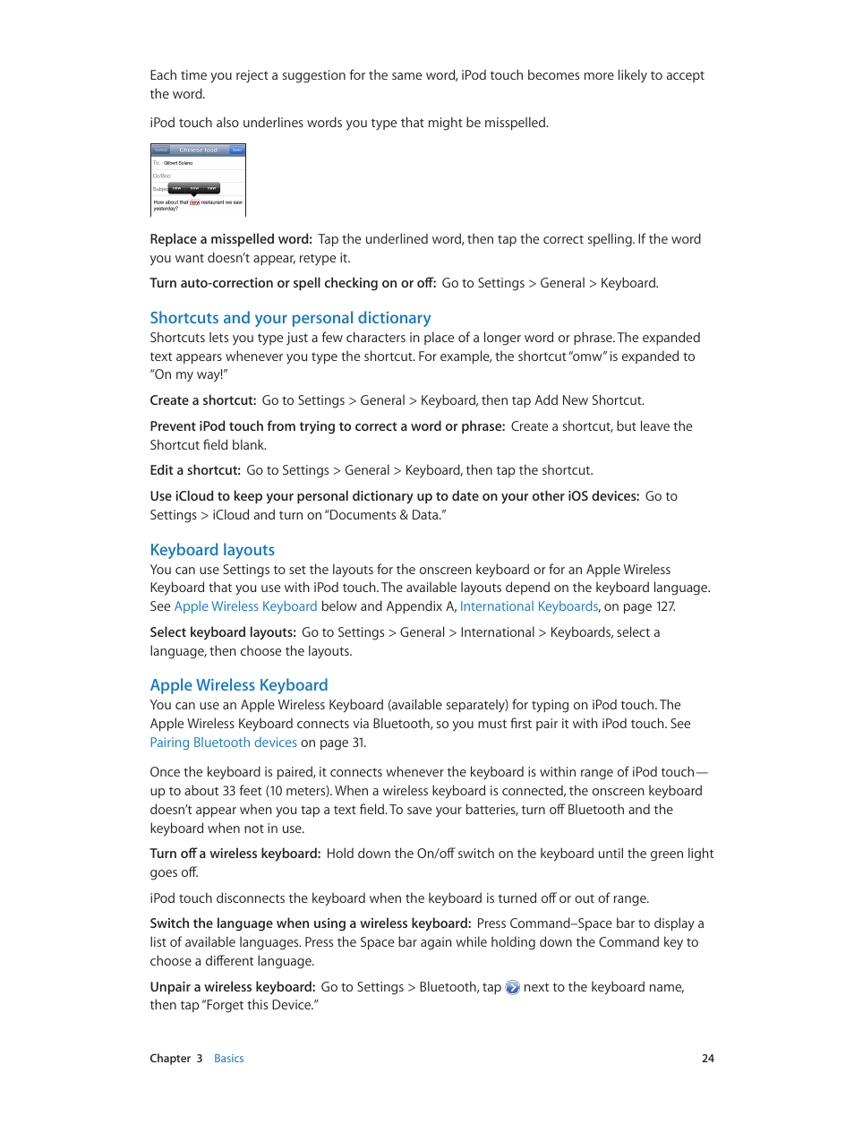 Apple wireless keyboard, Shortcuts and your personal dictionary, Keyboard layouts | Apple iPod touch iOS 6.1 User Manual | Page 24 / 138