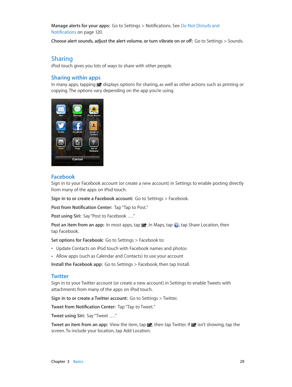 Sharing, 29 sharing, Sharing within apps | Facebook, Twitter | Apple iPod touch iOS 6.1 User Manual | Page 29 / 138