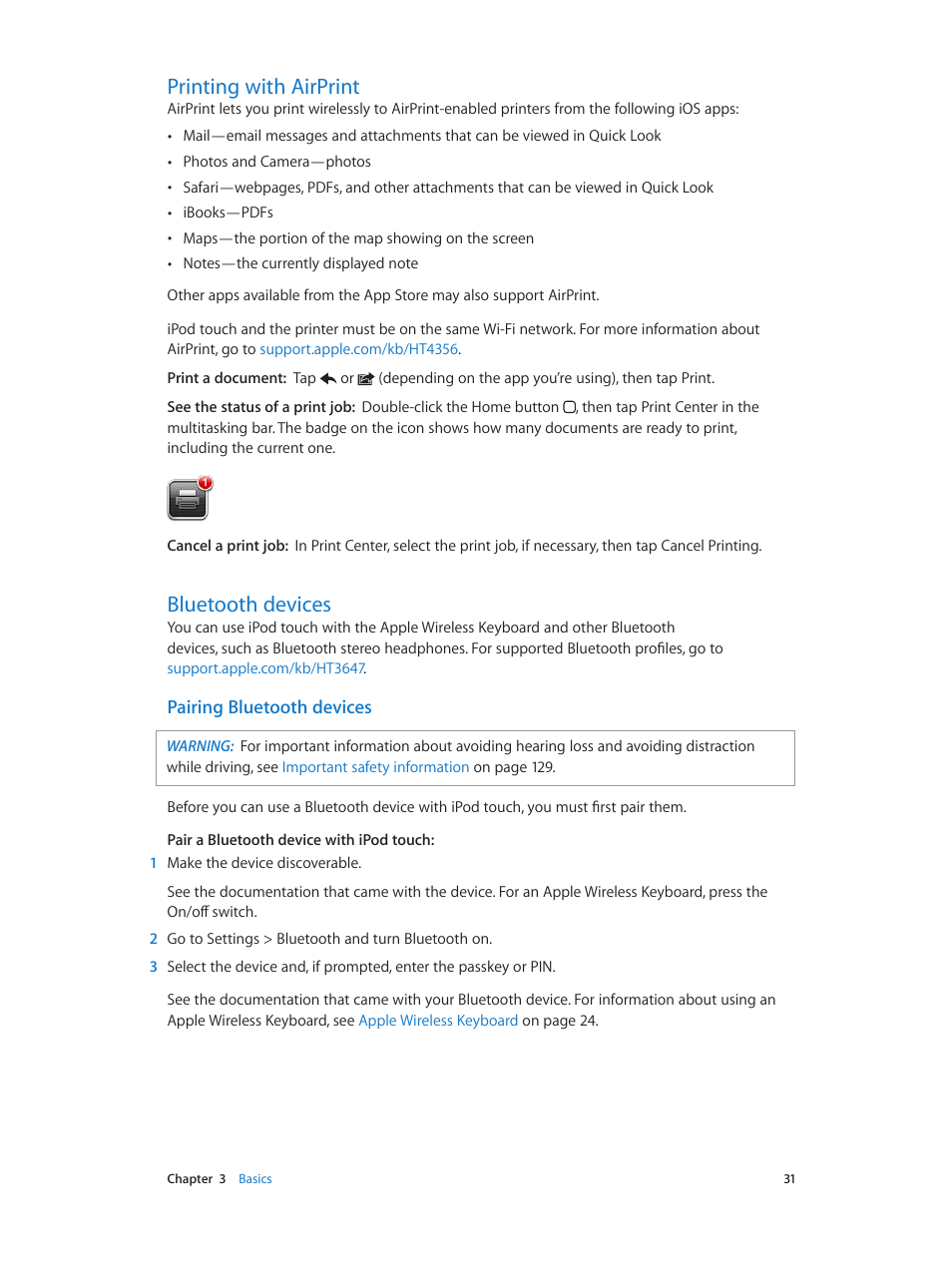 Printing with airprint, Bluetooth devices, 31 printing with airprint 31 bluetooth devices | Bluetooth, Devices, Pairing bluetooth devices | Apple iPod touch iOS 6.1 User Manual | Page 31 / 138