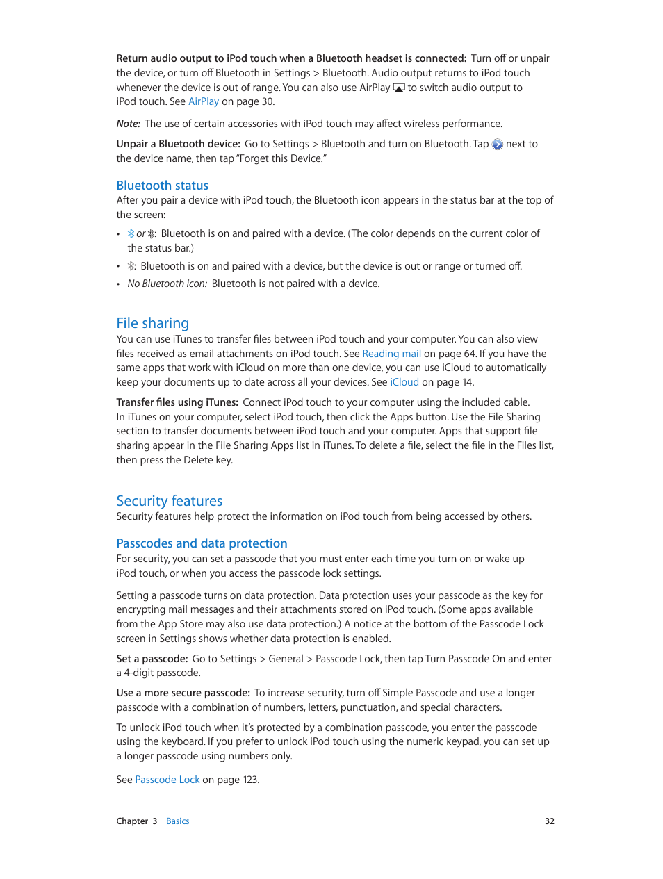 File sharing, Security features, 32 file sharing 32 security features | Bluetooth status, Passcodes and data protection | Apple iPod touch iOS 6.1 User Manual | Page 32 / 138