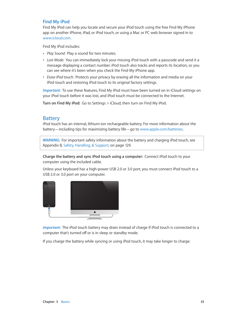 Battery, 33 battery, Find my ipod | Apple iPod touch iOS 6.1 User Manual | Page 33 / 138