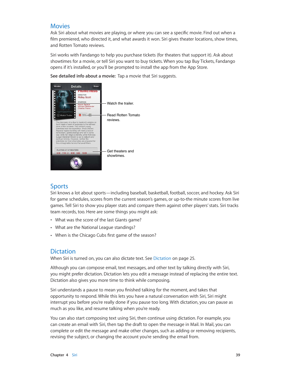 Movies, Sports, Dictation | 39 movies 39 sports 39 dictation | Apple iPod touch iOS 6.1 User Manual | Page 39 / 138