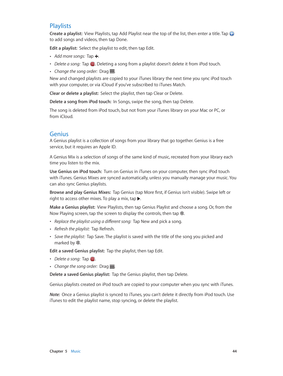 Playlists, Genius, 44 playlists 44 genius | Apple iPod touch iOS 6.1 User Manual | Page 44 / 138