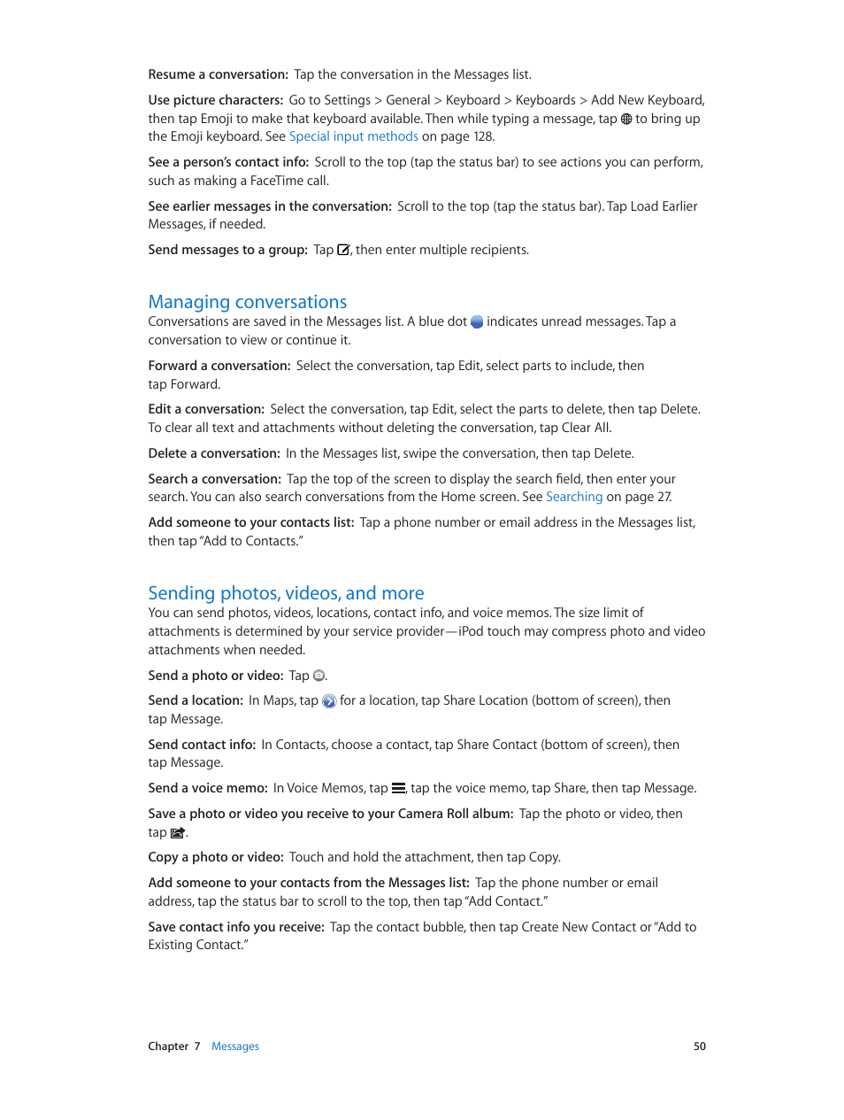 Managing conversations, Sending photos, videos, and more | Apple iPod touch iOS 6.1 User Manual | Page 50 / 138