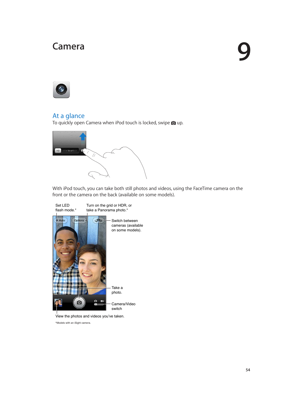 Chapter 9: camera, At a glance, 54 at a glance | Camera | Apple iPod touch iOS 6.1 User Manual | Page 54 / 138