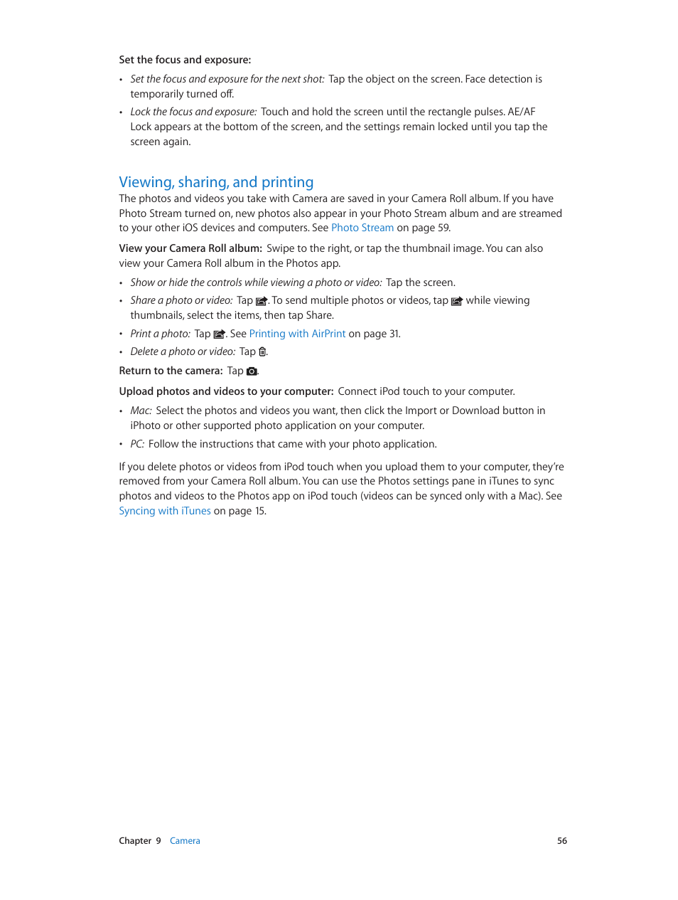 Viewing, sharing, and printing, 56 viewing, sharing, and printing | Apple iPod touch iOS 6.1 User Manual | Page 56 / 138