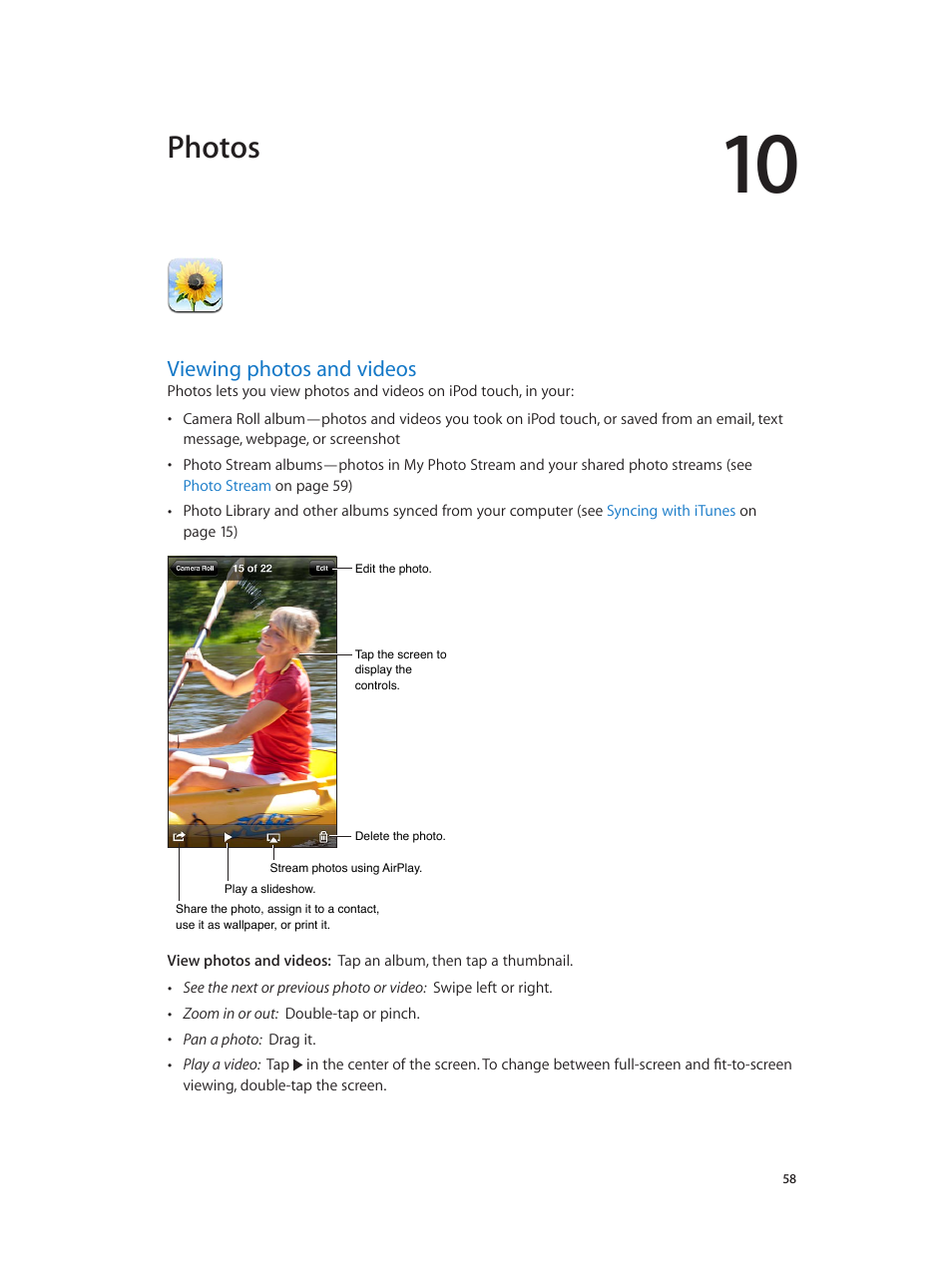 Chapter 10: photos, Viewing photos and videos, 58 viewing photos and videos | Photos | Apple iPod touch iOS 6.1 User Manual | Page 58 / 138