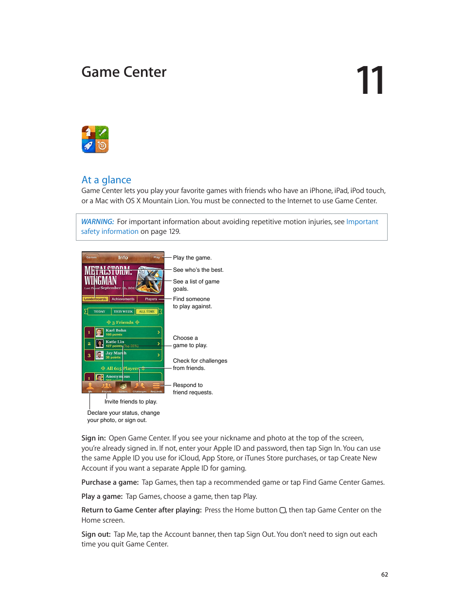 Chapter 11: game center, At a glance, 62 at a glance | Game center | Apple iPod touch iOS 6.1 User Manual | Page 62 / 138