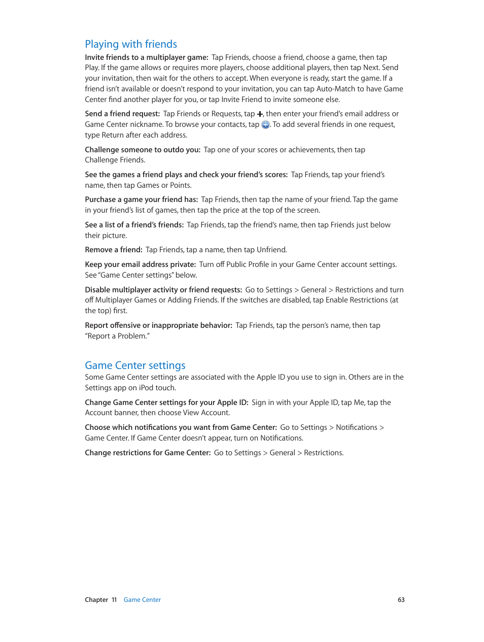 Playing with friends, Game center settings, 63 playing with friends 63 game center settings | Apple iPod touch iOS 6.1 User Manual | Page 63 / 138