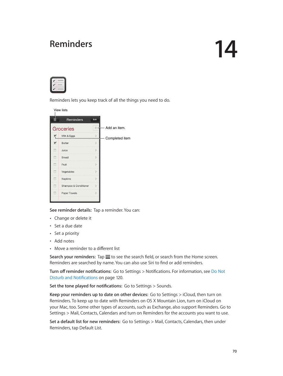 Chapter 14: reminders, Reminders | Apple iPod touch iOS 6.1 User Manual | Page 70 / 138