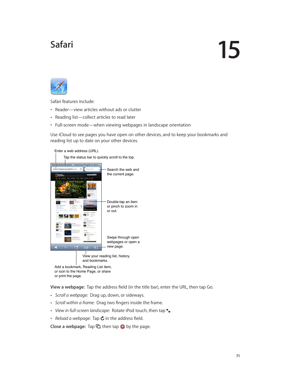 Chapter 15: safari, Safari | Apple iPod touch iOS 6.1 User Manual | Page 71 / 138