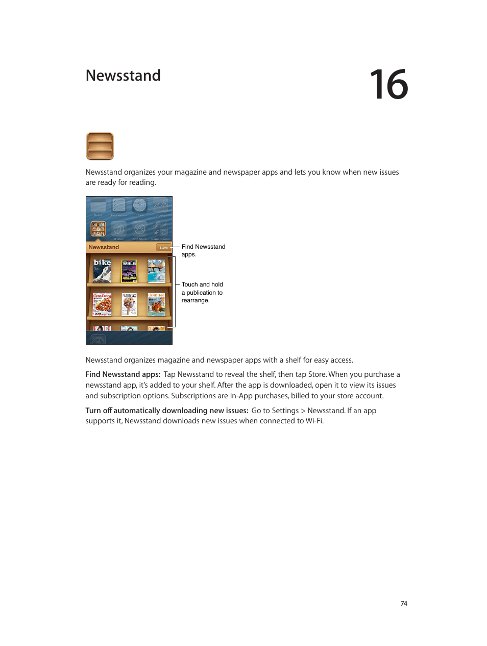 Chapter 16: newsstand, Newsstand | Apple iPod touch iOS 6.1 User Manual | Page 74 / 138
