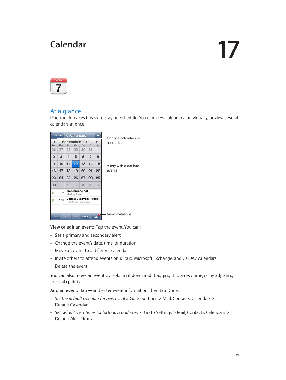 Chapter 17: calendar, At a glance, 75 at a glance | Calendar | Apple iPod touch iOS 6.1 User Manual | Page 75 / 138